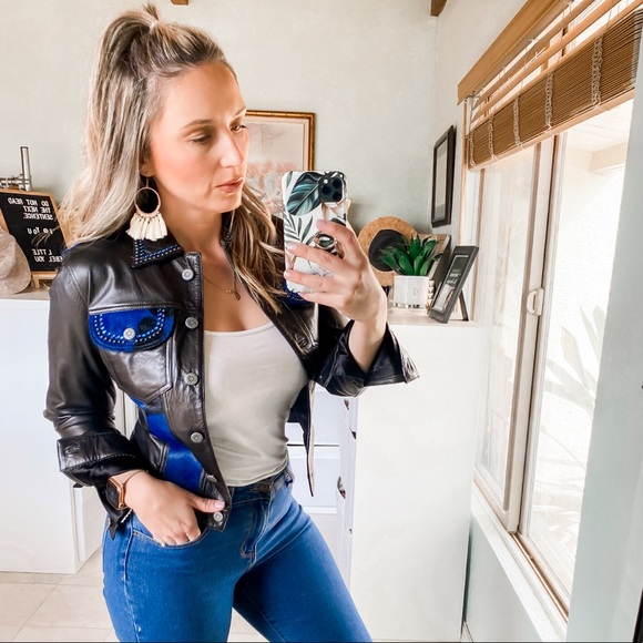 Kippys Black Western Leather Jacket with Blue Calf Hair and Rhinestones Small - Picture 2 of 16